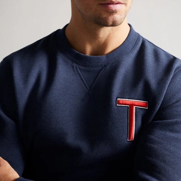 TED BAKER WELLOE Round Neck Chest Logo Cotton Navy Blue Varsity Sweatshirt Sz M - Picture 3 of 16